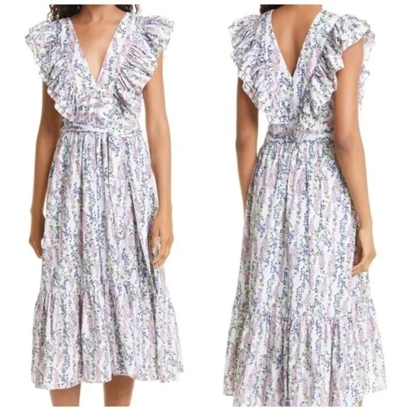 BYTIMO Blue Field Floral Ruffle Midi Wrap Dress Size Medium / NWT - Picture 11 of 16